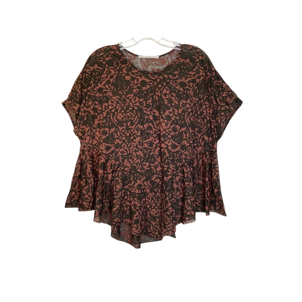 Peruvian Connection Anatolia Brown Black Peplum Knit Top Women M/L Oversized EUC